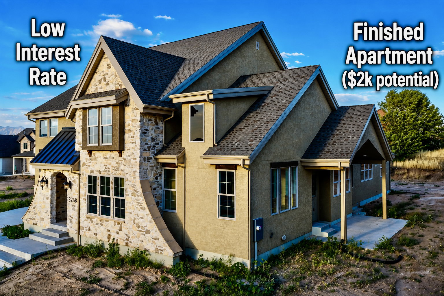 Stone and stucco exterior with multiple gables and a covered entry