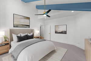 Bedroom with light colored carpet, vaulted ceiling, ceiling fan, and recessed lighting