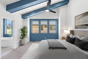 Carpeted bedroom with vaulted ceiling, a ceiling fan, recessed lighting, and tile patterned flooring