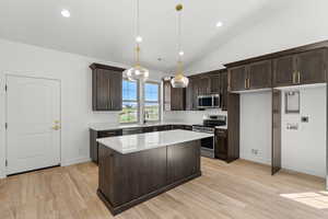 Kitchen featuring dark wood finish cabinets, stainless steel appliances, a kitchen island, light wood-style floors, and hanging light fixtures