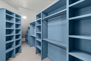 Walk in closet with light colored carpet