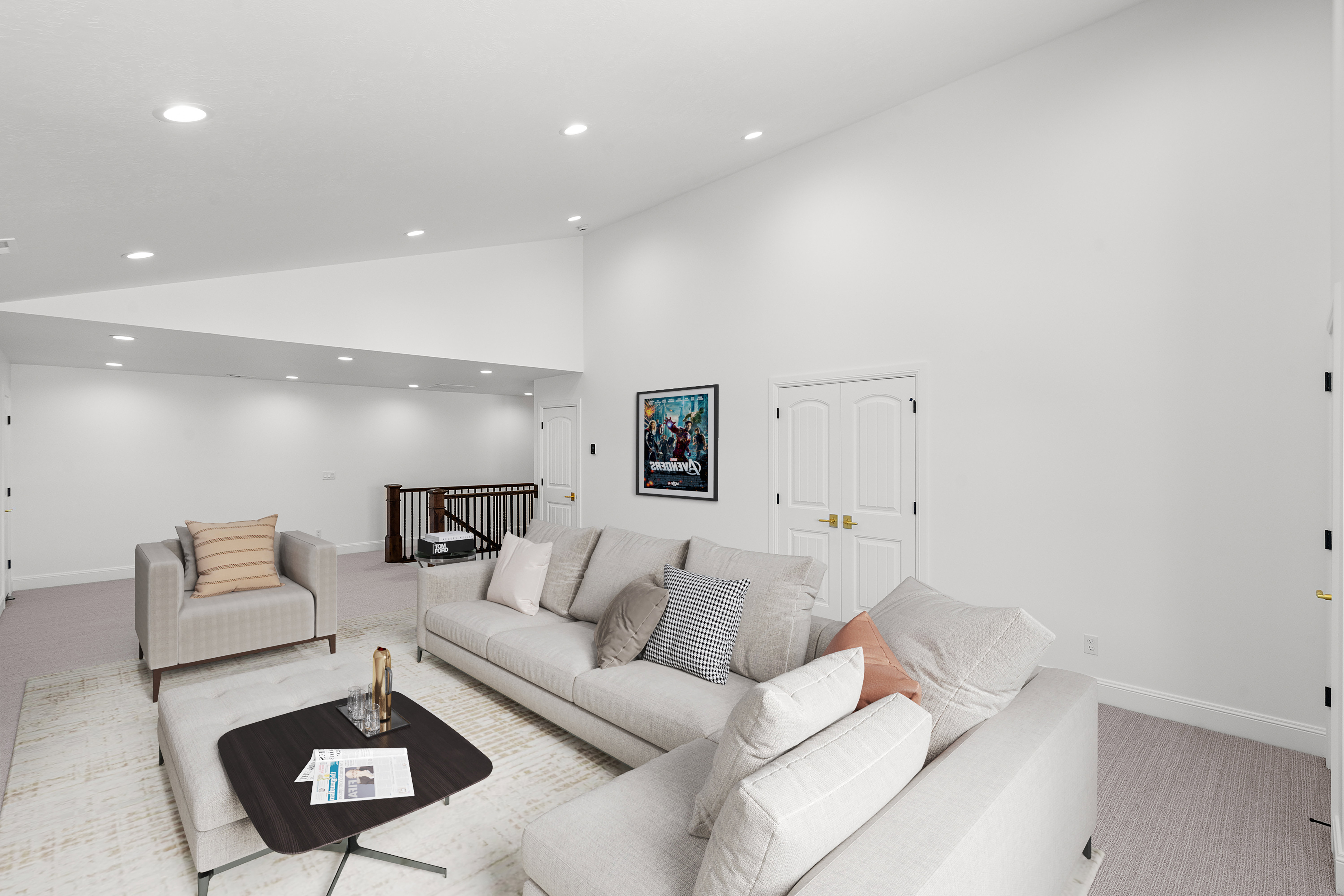 Living area featuring carpet flooring, recessed lighting, and vaulted ceiling
