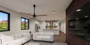 Living area with dark wood-style floors and recessed lighting