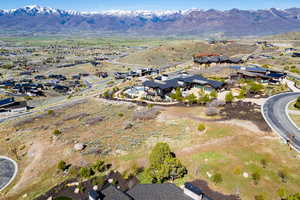 Aerial view of residential area with mountains