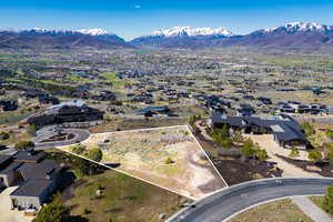 Aerial overview of property's location with property parcel outlined and nearby suburban area