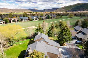 Aerial view of residential area with mountains