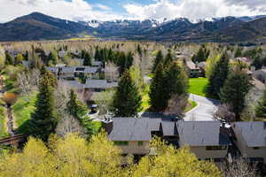 Aerial perspective of suburban area with mountains