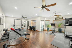 Workout area with recessed lighting, wood finished floors, and a ceiling fan