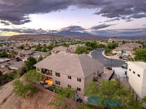 Aerial view of residential area with mountains