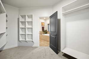 Walk in closet featuring light colored carpet