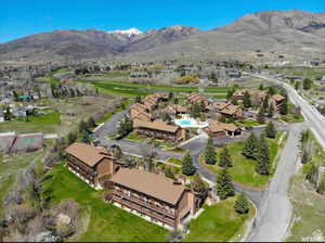Aerial view of residential area with mountains