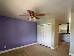 Carpeted interior space featuring a ceiling fan with light fixture, bi-fold closet doors, and contrasting wall colors