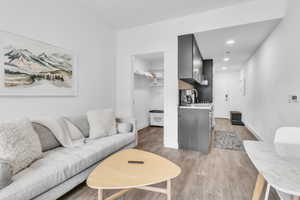 Living area with light wood finished floors and recessed lighting
