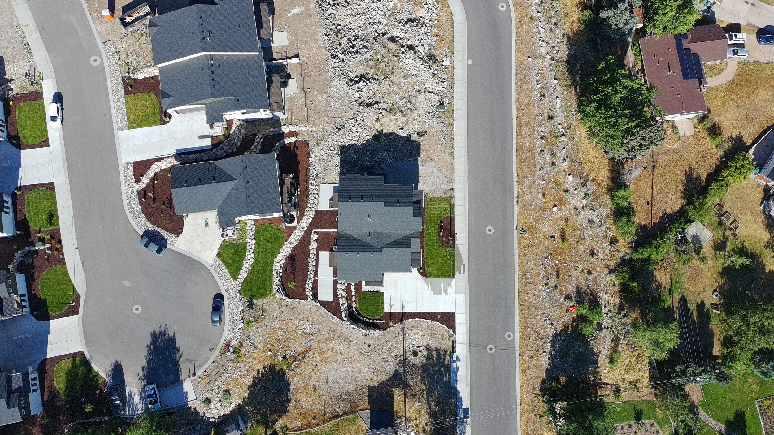 Contemporary residential property featuring a dark-toned roof, concrete driveway, and established landscaping with mature shrubs and rock accents