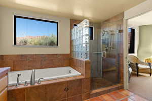 Full bath with ensuite bath, a stall shower, a bath, carpet, and vanity
