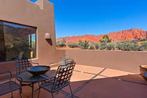 View of patio / terrace with a mountain view