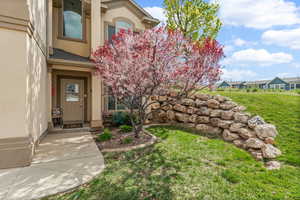 View of exterior entry featuring a lawn, stucco siding, and a shingled roof