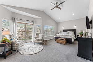 Bedroom with vaulted ceiling, access to exterior, carpet flooring, ceiling fan, and recessed lighting