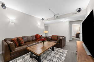 Living room with light colored carpet and baseboards