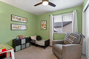 Bedroom featuring light carpet, a ceiling fan, and a textured ceiling