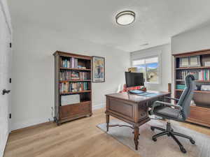 Office with light wood-style flooring and baseboards