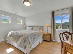 Bedroom featuring light wood-type flooring and a mountain view