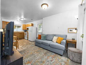 Living room with brick patterned flooring
