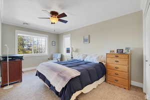 Bedroom with crown molding, ceiling fan, and light colored carpet