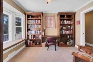 Living area featuring light carpet, ornamental molding, and a desk
