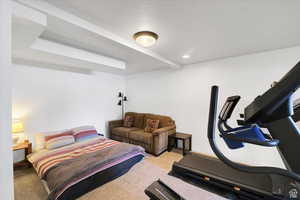 Bedroom featuring light colored carpet, recessed lighting, and a textured ceiling
