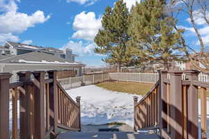Snowy yard featuring a deck, a fenced backyard, and a residential view