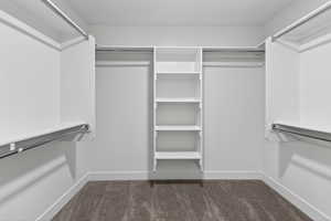 Walk in closet featuring dark colored carpet