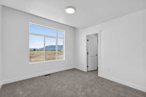 Unfurnished room featuring a mountain view and carpet floors
