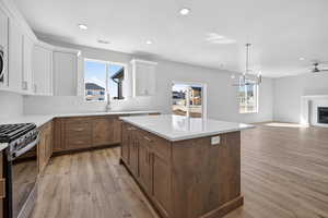 Kitchen with two tone cabinetry, open floor plan, a center island, light wood-style flooring, and stainless steel gas stove