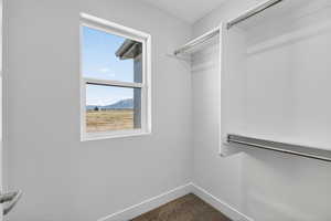 Walk in closet with dark colored carpet