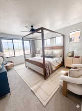 Spacious room featuring multiple windows, a ceiling fan, and carpeted flooring