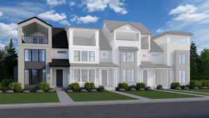 Contemporary house with a front yard, roof with shingles, and a standing seam roof