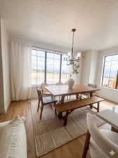 Dining area featuring wood-finish flooring, large multi-pane windows, and a rectangular wood dining table