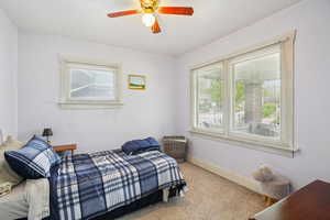 Carpeted bedroom with multiple windows and a ceiling fan