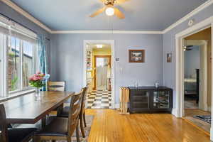Dining area with ceiling fan, crown molding, and light wood finished floors