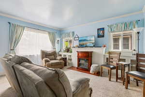 Living area featuring carpet flooring, a glass covered fireplace, plenty of natural light, and crown molding