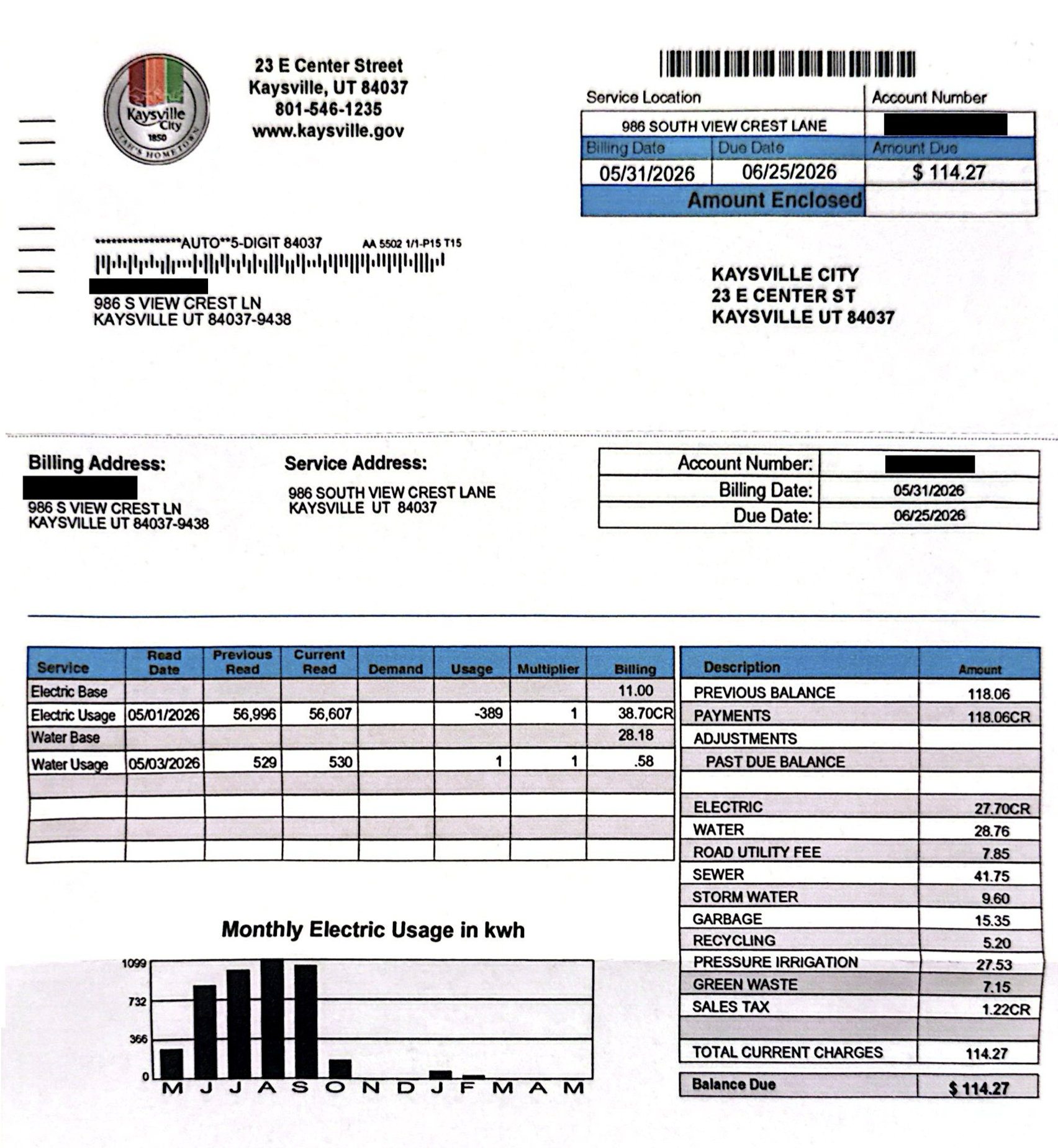 Utility Bill. Presenting service location, billing details, and itemized charges for the property