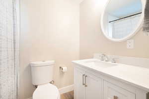 Full bath featuring vanity, curtained shower, and dark wood-style floors