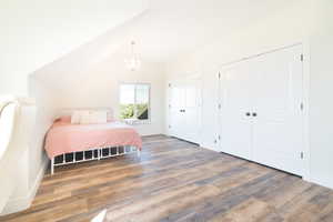 Bedroom featuring multiple closets, suspended lighting, wood finished floors, and vaulted ceiling