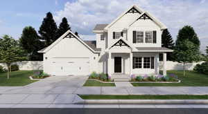 Modern inspired farmhouse featuring board and batten siding, a porch, concrete driveway, an attached garage, and roof with shingles