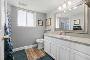 Full bath with vanity, dark wood-style flooring, and a shower with shower curtain