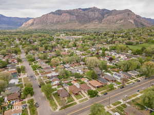 Aerial view of residential area with a mountain backdrop