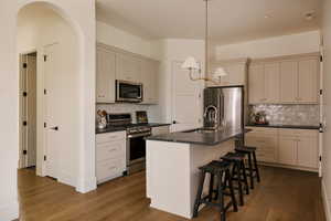 Casita Kitchen featuring stainless steel appliances, a center island with sink, dark wood finished floors, Leathered granite countertops and a breakfast bar