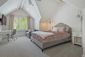 Guest suite offers walk in closet, en suite bathroom, vaulted ceiling and privacy.