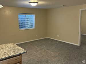 Spare room featuring dark carpet and a textured ceiling